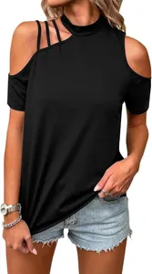 Close-up of black summer t-shirt featuring cold-shoulder cut and asymmetrical neck straps