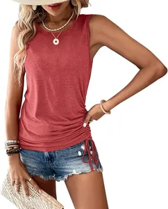 Casual women's round neck sleeveless tank top with side drawstring ruching detail.
