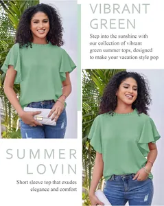 Detailed view of women's vibrant green pleated summer top with mock neck and ruffle sleeves
