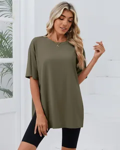 Detail view of a loose olive green T-shirt with side slits and comfortable crew neck style