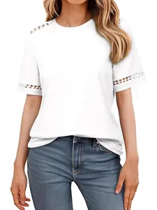 Damen Casual Polyester T-Shirt Rundhalsausschnitt Ösen-Spitzen-Patchwork Kurzarm Top Sommer Leichte Mode