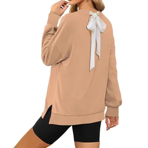 Sudadera Casual Holgada de Cuello Redondo para Mujer Color Sólido Lazo en la Espalda Manga Larga Top Abertura Lateral Moda Otoño