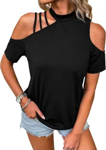 Detailed view of women's black asymmetric cold shoulder T-shirt with strap neckline