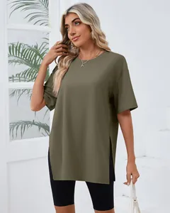 Olive green oversized short sleeve T-shirt for women with high side slit detail