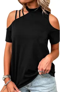Detailed view of women's black cold-shoulder T-shirt with asymmetrical neck design.