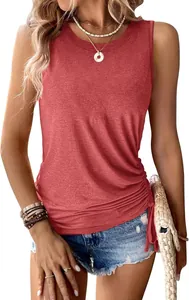 Close-up detail of a terracotta sleeveless ruched side tank top with side drawstrings