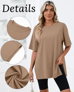 Detailed views of women's loose side-slit T-shirt showing neckline and fabric texture