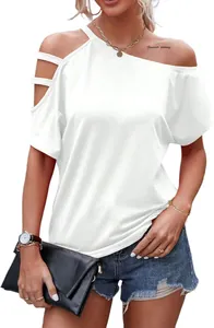 Detailed view of women's white asymmetric cold shoulder t-shirt with cutout strap design