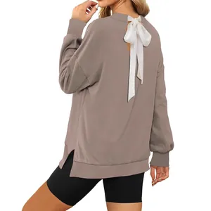 Sudadera informal de mujer, color liso, cuello redondo con detalle de lazo en la espalda