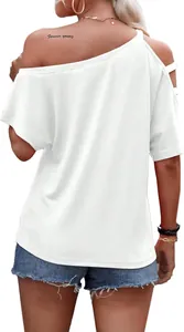 Back view of a white off-the-shoulder t-shirt with loose summer fit and shoulder detail