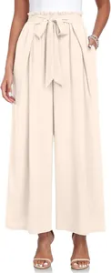 Vue détaillée de ce pantalon large plissé beige à taille haute pour femme avec ceinture à nœud