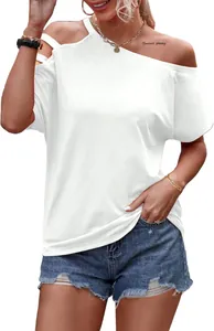 Close-up of women's white off-shoulder T-shirt with diagonal collar and loose fit