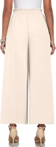 Vue arrière détaillée d'un élégant pantalon large plissé beige à taille haute pour femmes