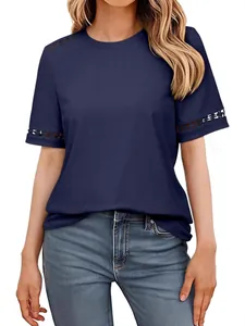 Damen Kurzarm T-Shirt in Dunkelblau mit eleganten Spitzen-Hohldetails an der Schulter