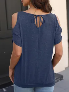 Detailed back view of a blue cold-shoulder T-shirt featuring an elegant tie-up bow design