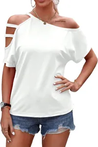 Front view of white off-the-shoulder T-shirt with slanted neck and strappy sleeve detail