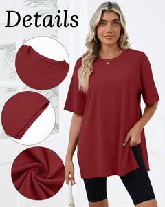 Close-up details of burgundy loose-fit crew neck T-shirt with side slits