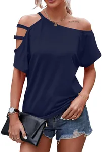 Women's navy cold shoulder top with asymmetrical neckline and cut-out details
