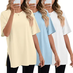 Close-up of loose round-neck women's T-shirts with side slits available in multiple colors