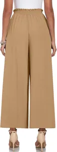 Vue arrière du pantalon large kaki pour femme à taille haute et taille haute froncée.
