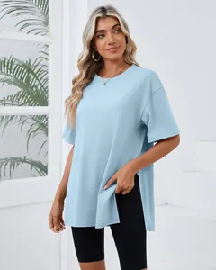 Detail view of light blue loose slit short sleeve T-shirt with comfortable round neck