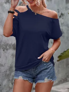 Detail view of navy blue cold shoulder T-shirt with asymmetric neckline design detail.
