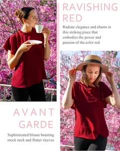 Sophisticated red mock neck blouse with flutter sleeves for women elegant work casual style