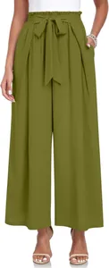 Gros plan sur un pantalon large taille haute vert olive avec plis et ceinture nœud