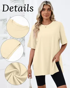 Detailed macro views of collar, side slit and fabric texture of cream loose T-shirt.