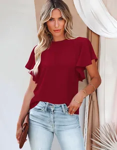 Detail of elegant dark red ruffled sleeve blouse for professional office and casual wear
