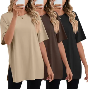 Detailed view of women's loose crew neck T-shirt with side slits in multiple neutral colors