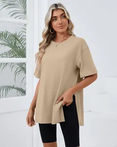 Full view of loose beige side slit t-shirt for women featuring comfortable crew neck