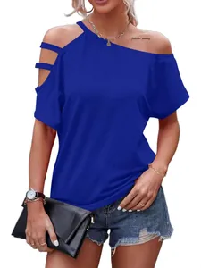 Women Casual Cold Shoulder T-Shirt Sexy Asymmetrical Neckline Short Sleeve Top Summer Loose Tee Cut Out Solid Color Top