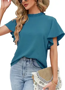 Elegant blue mock neck blouse with ruffled flutter sleeves for summer business casual wear