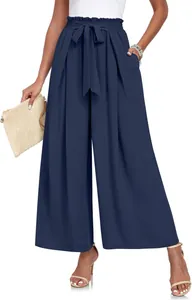 Pantalon large élégant bleu marine à taille haute avec une ceinture à nœud papillon.