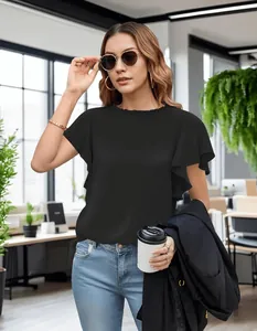 Elegant black blouse with ruffle short sleeves and pleated collar for professional look