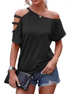 Casual black off-shoulder top for women with hollow strap detail on one shoulder