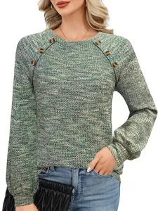 Dames Casual Wafelbreisel Lange Mouwen Polyester T-Shirt Knoop Decor Raglan Ronde Hals Top Losse Pasvorm Gebreide Kleding