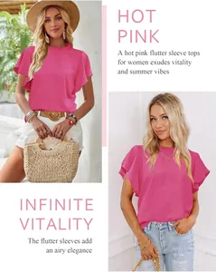 Detail showing texture and flutter sleeves of hot pink summer blouse for women
