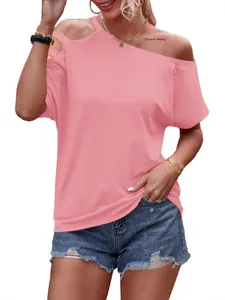 Casual pink off-shoulder asymmetric t-shirt for women in loose summer fit style