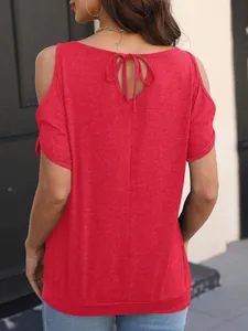 Detailed back view of a vibrant red cold-shoulder loose casual T-shirt with tie-up detail