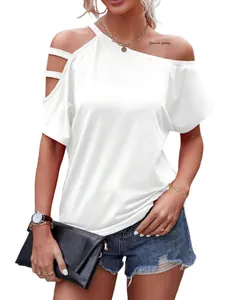 White off-shoulder summer T-shirt for women with slanted collar and strap details.