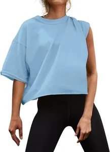 Asymmetrisches hellblaues Kurzarm-Yogatop für Damen zum Laufen und Fitnesstraining