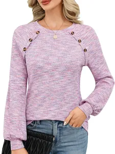 Casual wafelgebreide top met lange mouwen voor dames met ronde hals en knopen