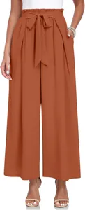 Vue détaillée d'un pantalon large à taille haute élégant avec ceinture à nœud terre cuite