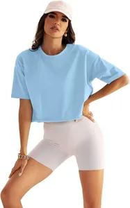 Detailansicht eines hellblauen Damen-Sport-T-Shirts in lockerer Passform für Yoga