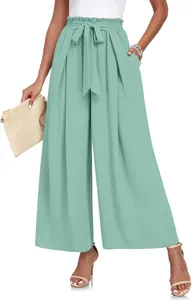 Pantalon plissé élégant à taille haute et jambes larges vert menthe avec ceinture à nœud