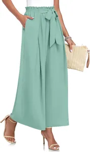 Vue détaillée d'un pantalon large plissé à taille haute pour femme avec ceinture à nœud