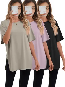 Oversized women's side-slit short-sleeve T-shirt featuring a comfortable round neck design