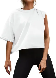 Weißes asymmetrisches Damen Sport-T-Shirt für Yoga und Fitness Training Übungen Sport